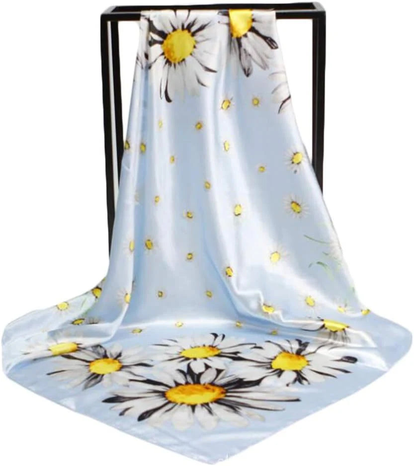 Anyyou Fashion Premium Satin Square Scarf -Black Daisy Silk-Feel Neckwrap for Women