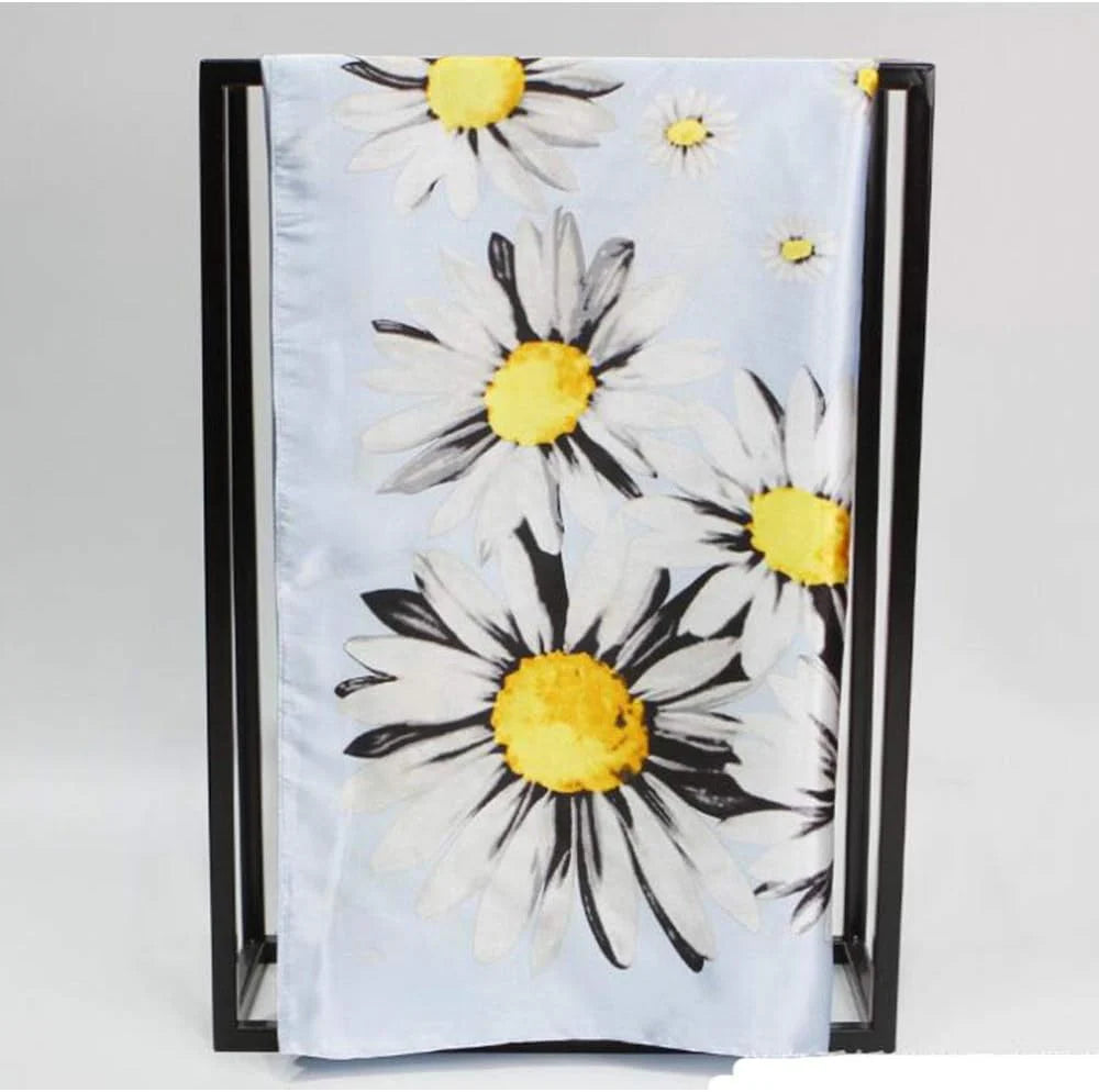 Anyyou Fashion Premium Satin Square Scarf -Black Daisy Silk-Feel Neckwrap for Women