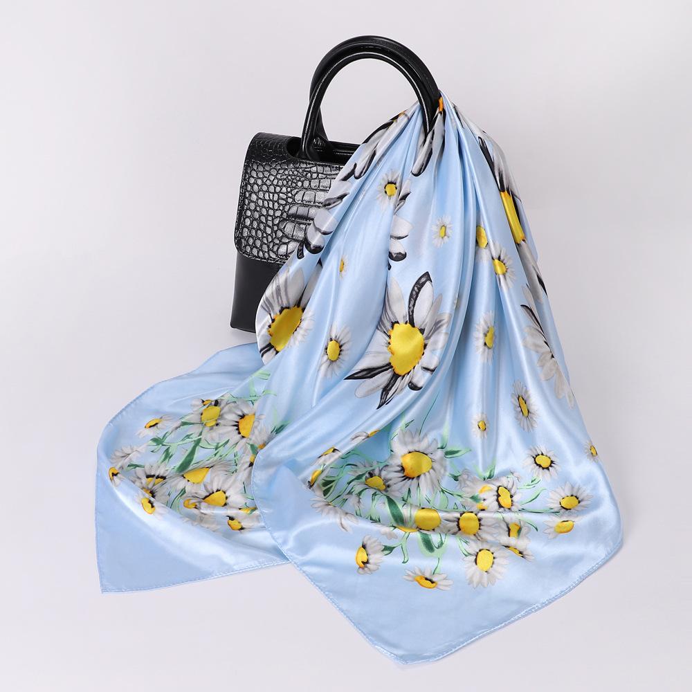 Anyyou Fashion Premium Satin Square Scarf -Black Daisy Silk-Feel Neckwrap for Women