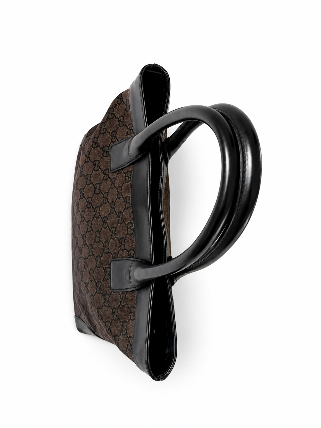 Gucci GG Tote Bag in Black Leather and Brown Canvas