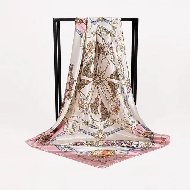 Anyyou Fashion Premium Satin Square Scarf – White Pink Silk-Feel Neckwrap for Women