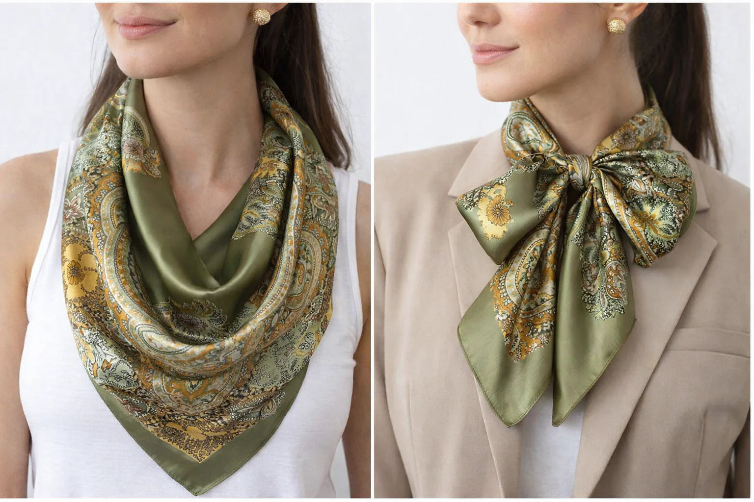 Anyyou Fashion Premium Satin Square Scarf – Army Green Silk-Feel Neckwrap for Women