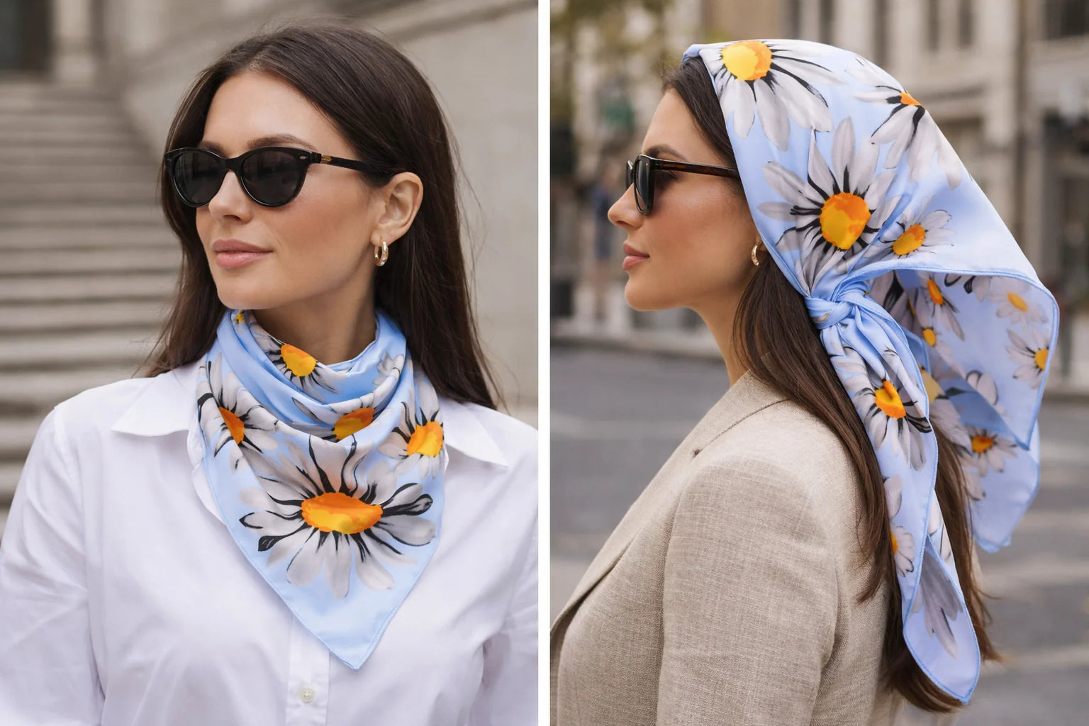 Anyyou Fashion Premium Satin Square Scarf -Black Daisy Silk-Feel Neckwrap for Women