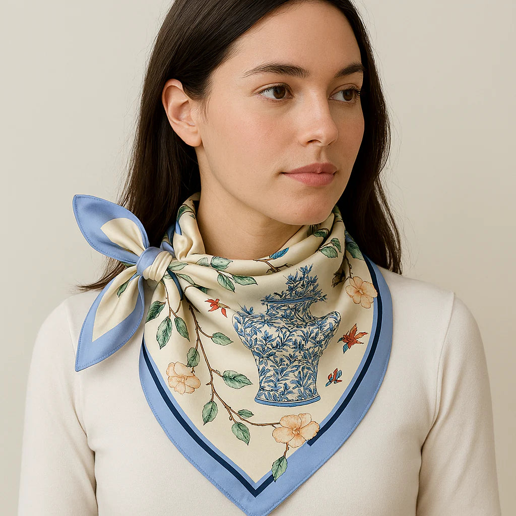 Anyyou Fashion Premium Satin Square Scarf – Vase Blue Floral Silk-Feel Neckwrap for Women
