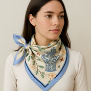 Anyyou Fashion Premium Satin Square Scarf – Vase Blue Floral Silk-Feel Neckwrap for Women