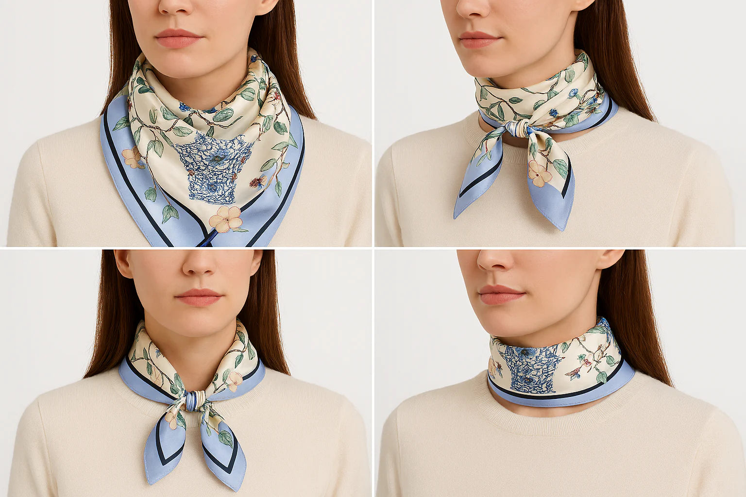 Anyyou Fashion Premium Satin Square Scarf – Vase Blue Floral Silk-Feel Neckwrap for Women