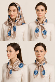 Anyyou Fashion Premium Satin Square Scarf – Grey Blue Roses Silk-Feel Neckwrap for Women