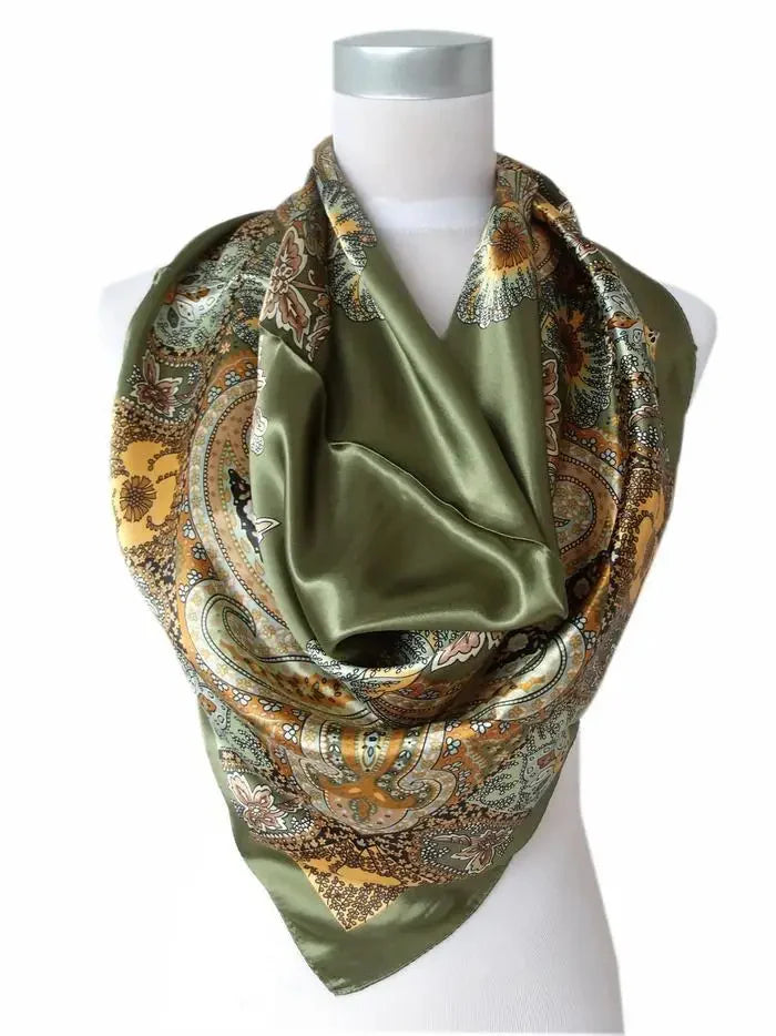 Anyyou Fashion Premium Satin Square Scarf – Army Green Silk-Feel Neckwrap for Women