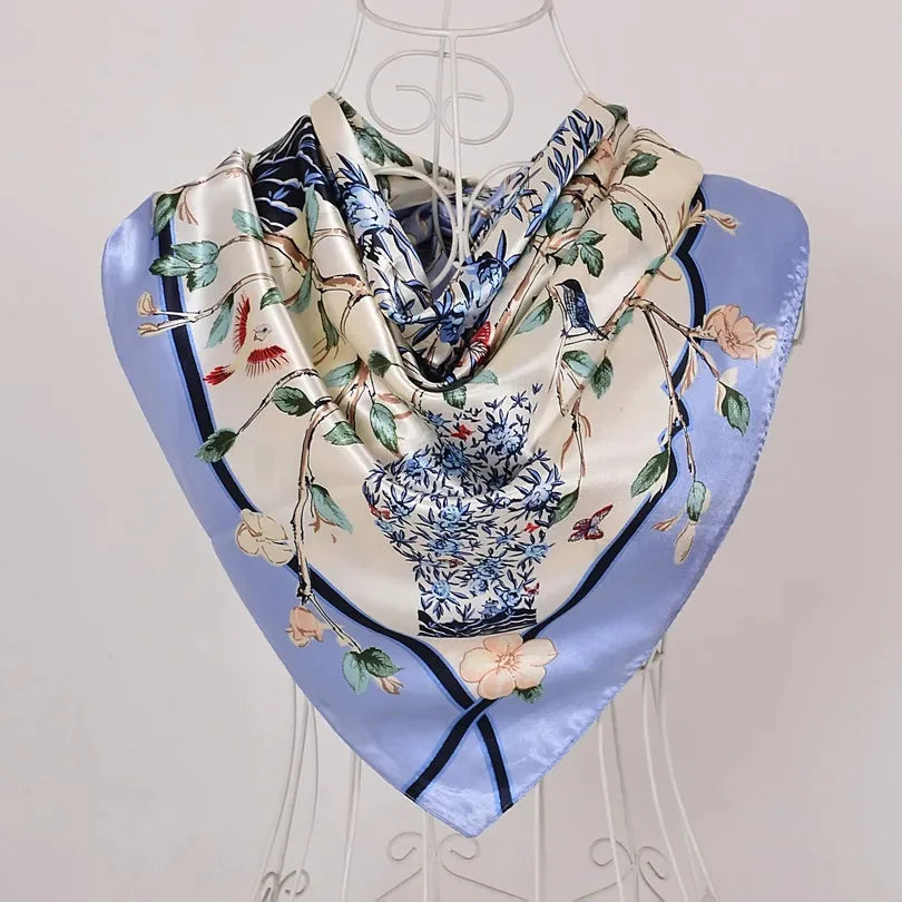 Anyyou Fashion Premium Satin Square Scarf – Vase Blue Floral Silk-Feel Neckwrap for Women