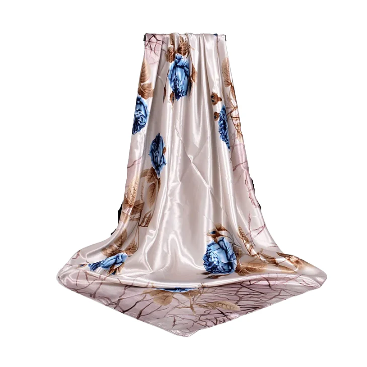 Anyyou Fashion Premium Satin Square Scarf – Grey Blue Roses Silk-Feel Neckwrap for Women