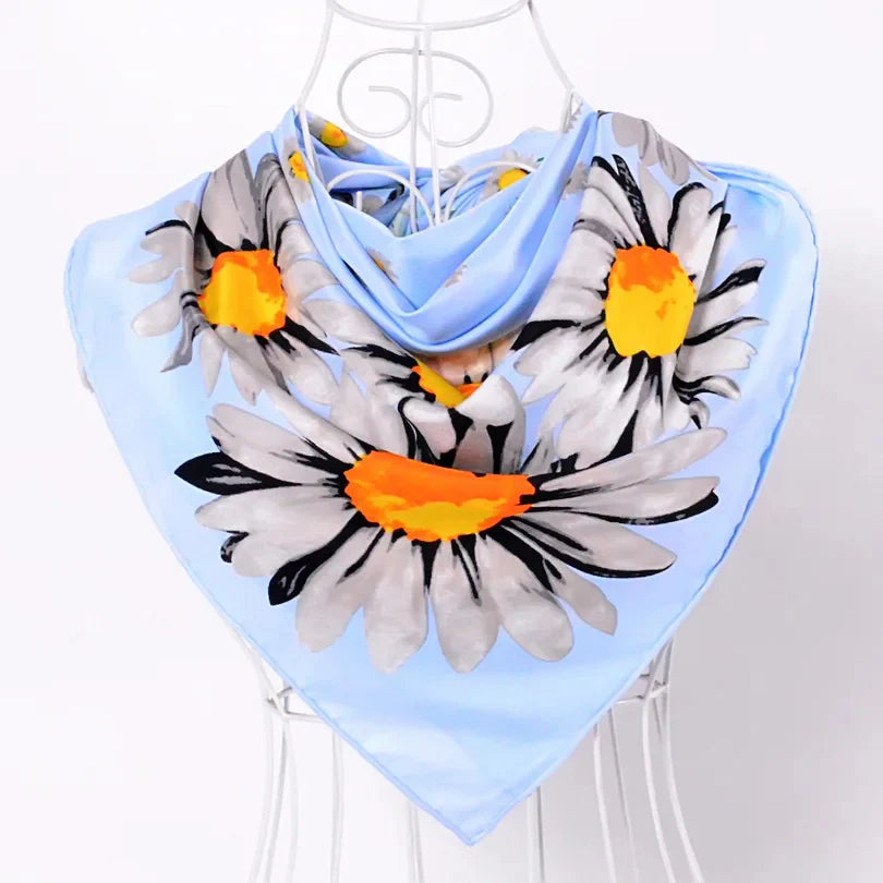 Anyyou Fashion Premium Satin Square Scarf -Black Daisy Silk-Feel Neckwrap for Women