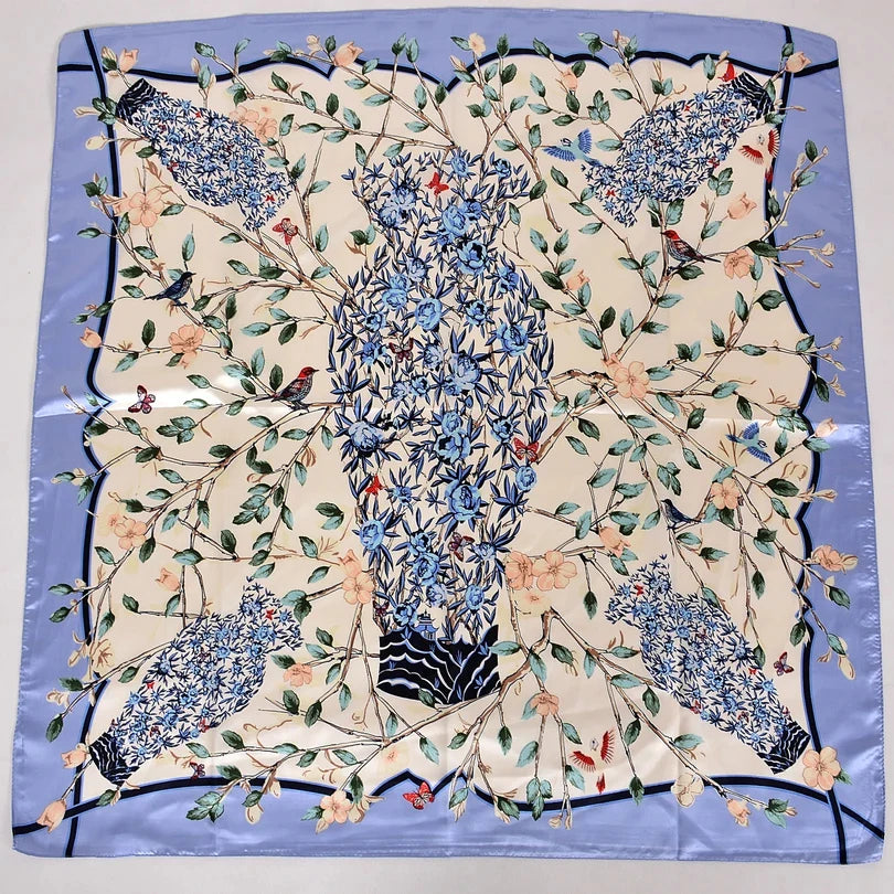 Anyyou Fashion Premium Satin Square Scarf – Vase Blue Floral Silk-Feel Neckwrap for Women