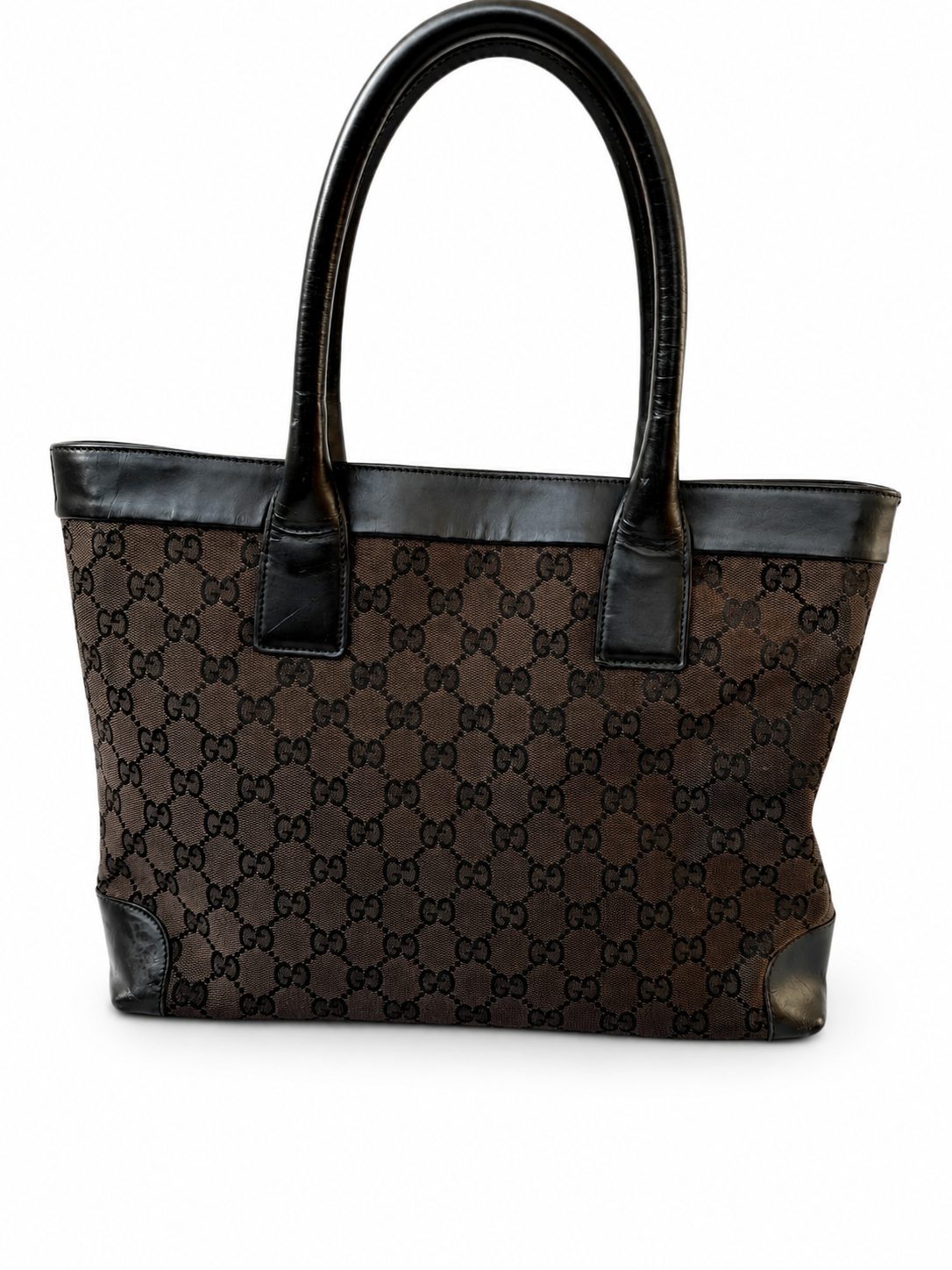 Gucci GG Tote Bag in Black Leather and Brown Canvas