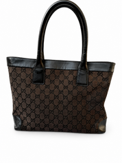 Gucci GG Tote Bag in Black Leather and Brown Canvas