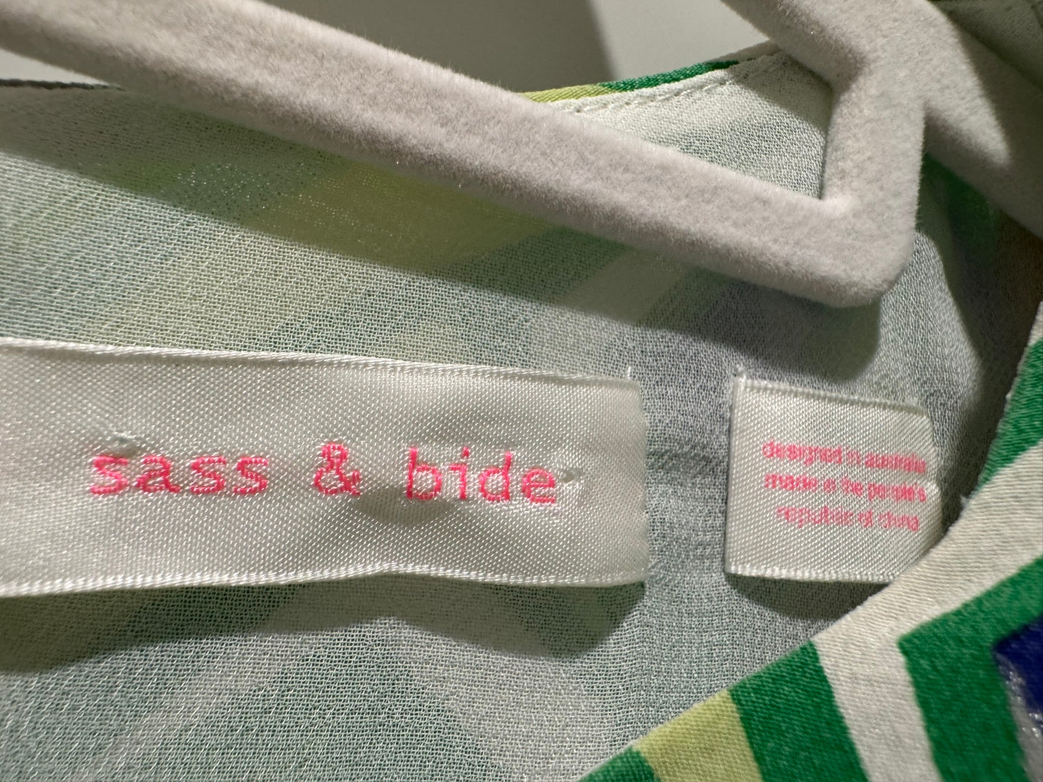 SASS & BIDE White/Blue/Green & Silver Dress with Detailed Cut out Hem Size 8