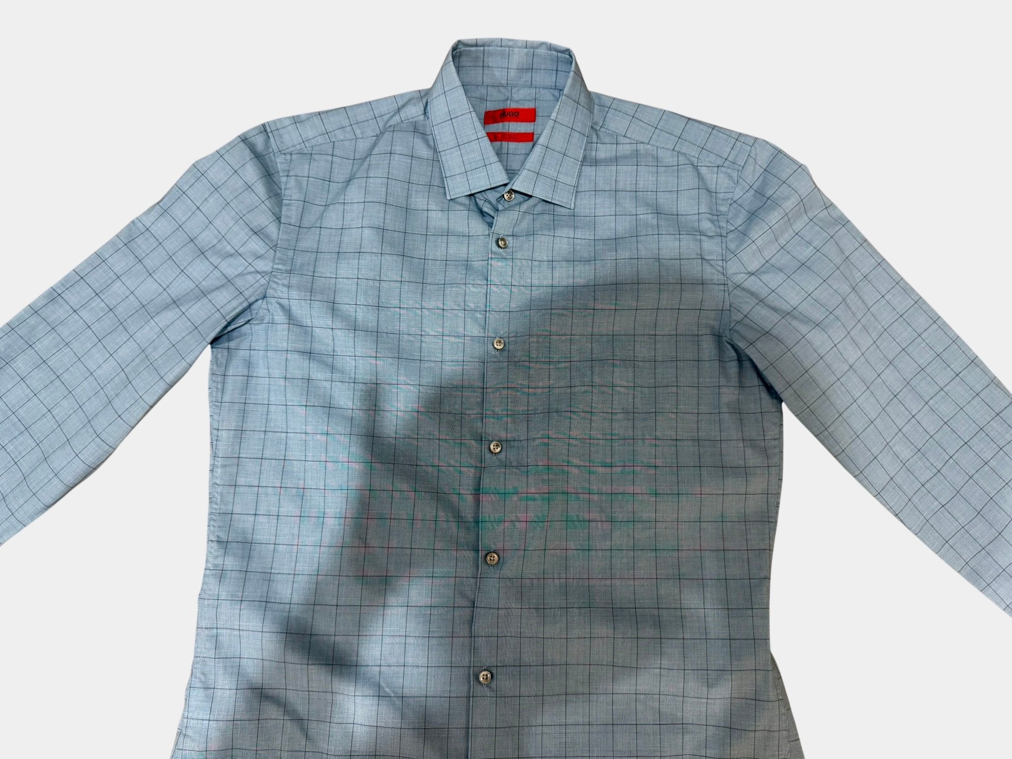 HUGO BOSS Sky Blue Plaid Long Sleeve Button Up Shirt Size 40