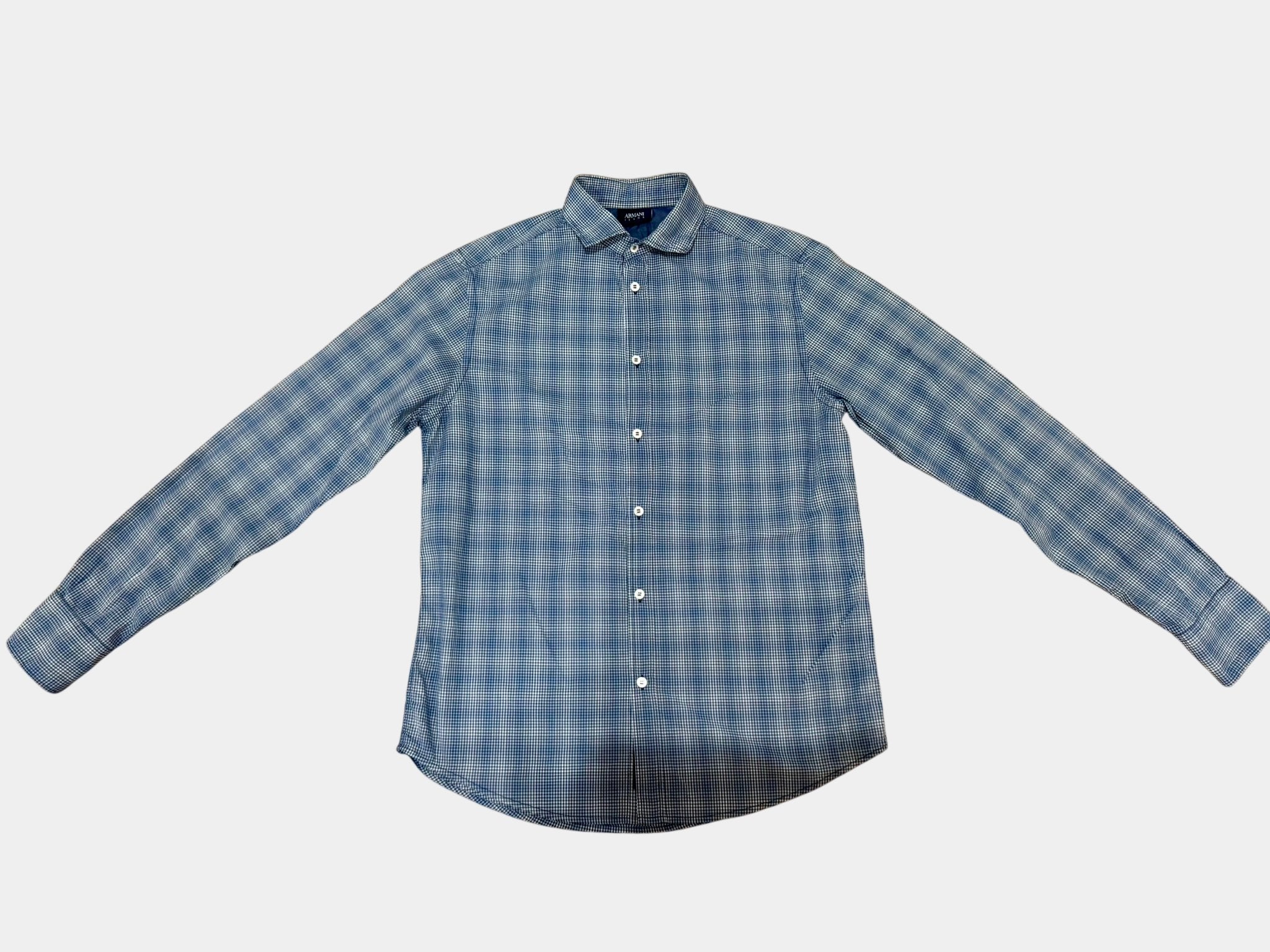 ARMANI JEANS Blue and White Plaid Long Sleeve Button-Up Shirt Size L