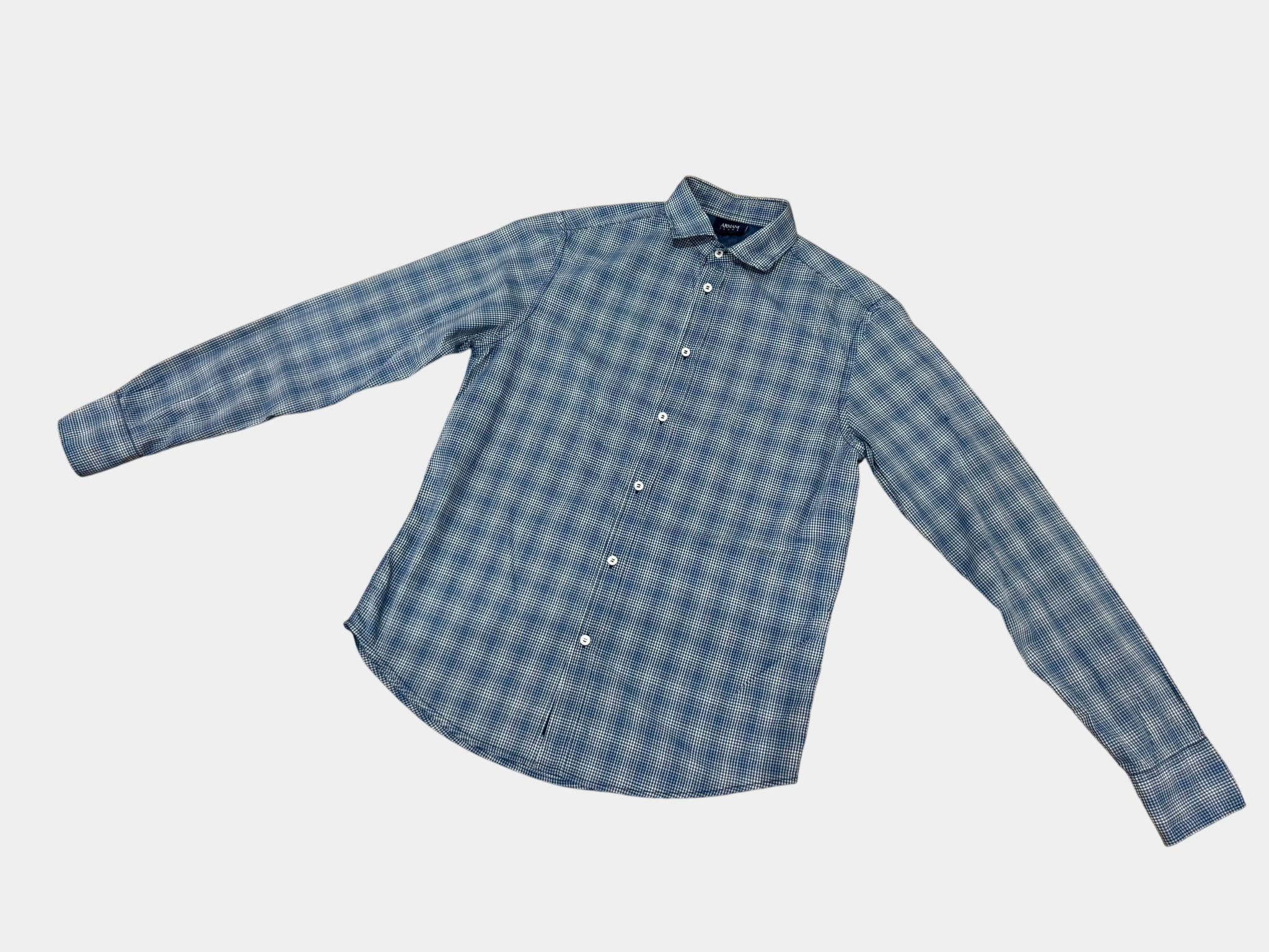 ARMANI JEANS Blue and White Plaid Long Sleeve Button-Up Shirt Size L