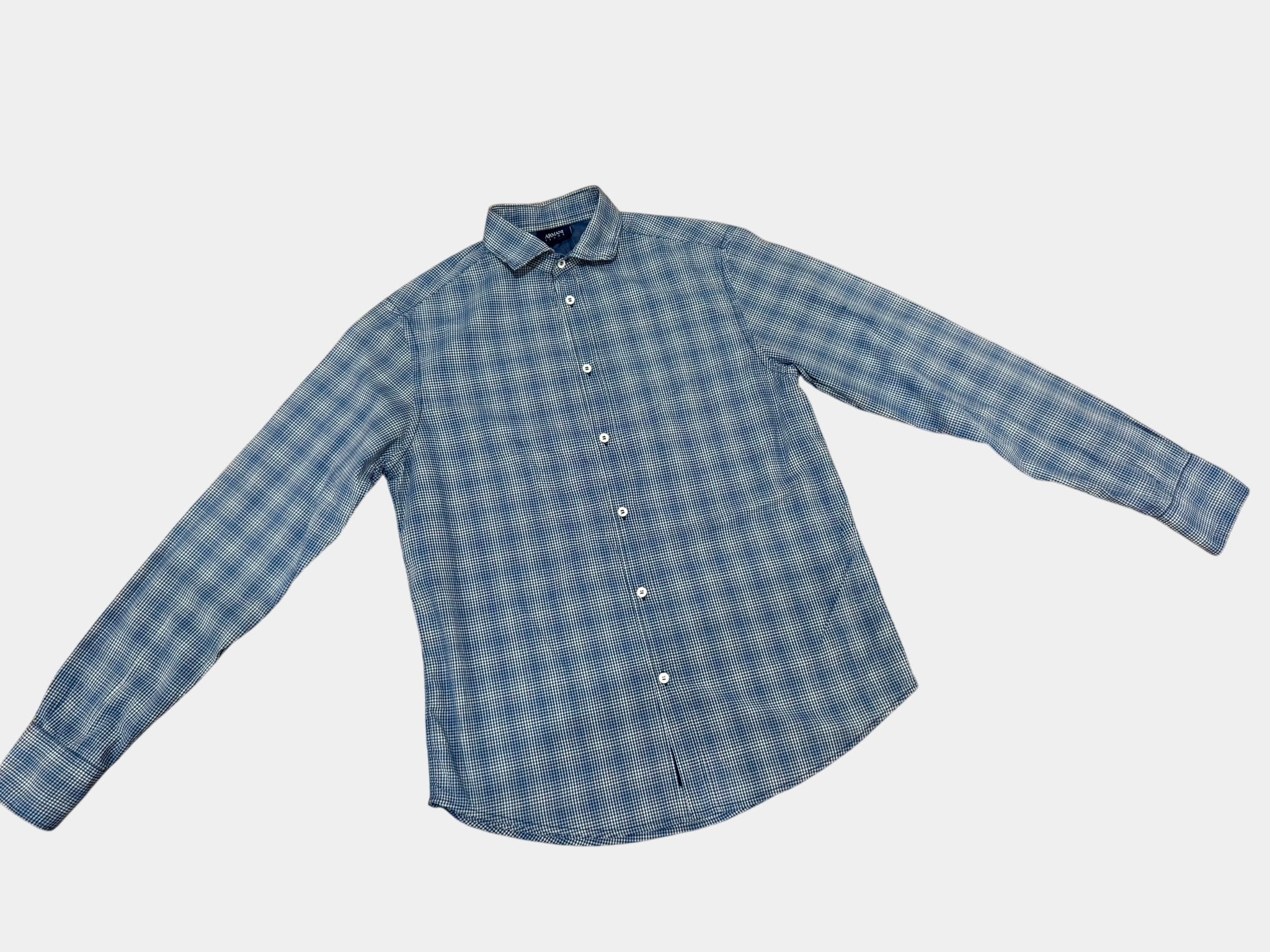 ARMANI JEANS Blue and White Plaid Long Sleeve Button-Up Shirt Size L