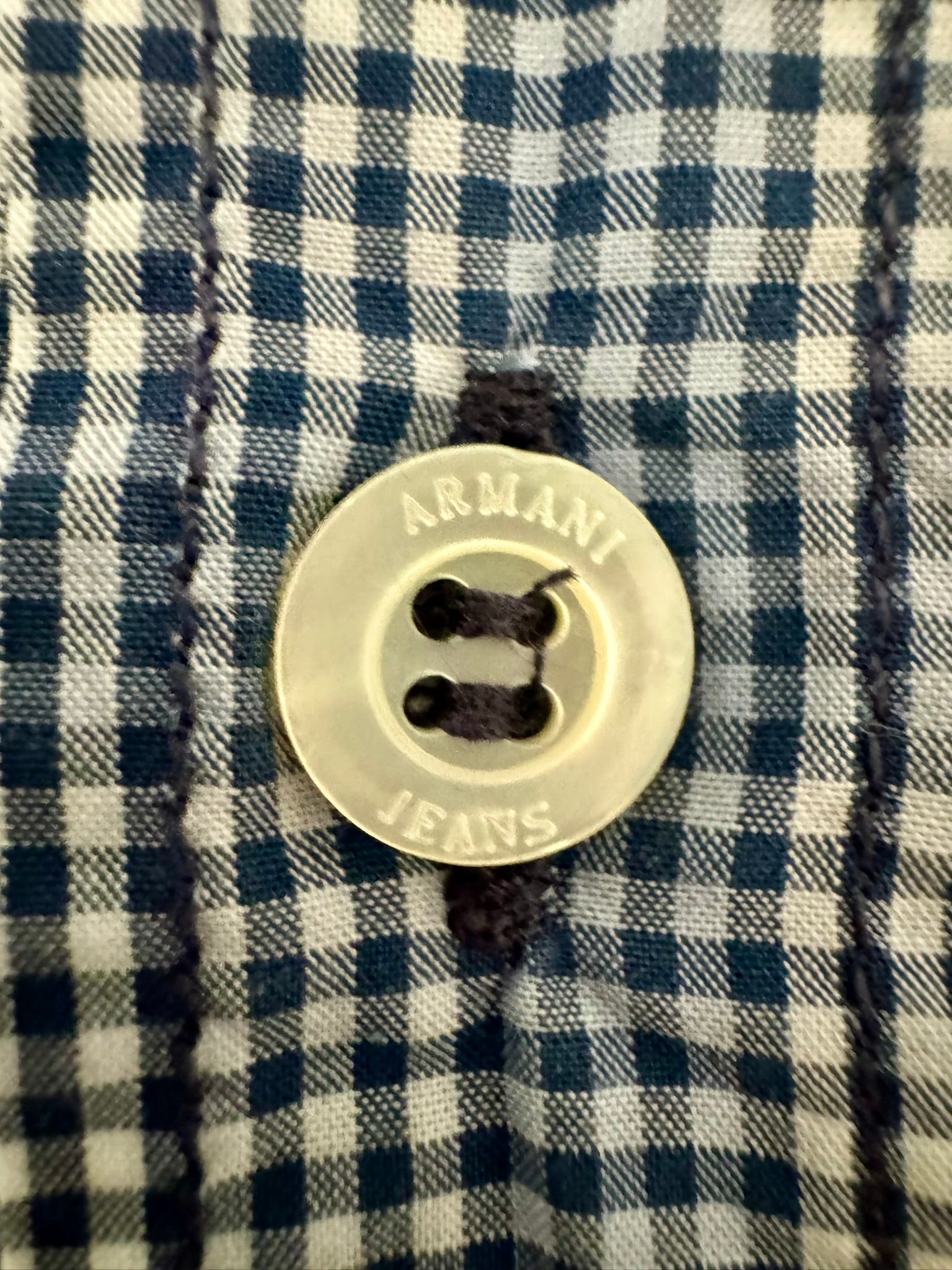 ARMANI JEANS Blue and White Plaid Long Sleeve Button-Up Shirt Size L
