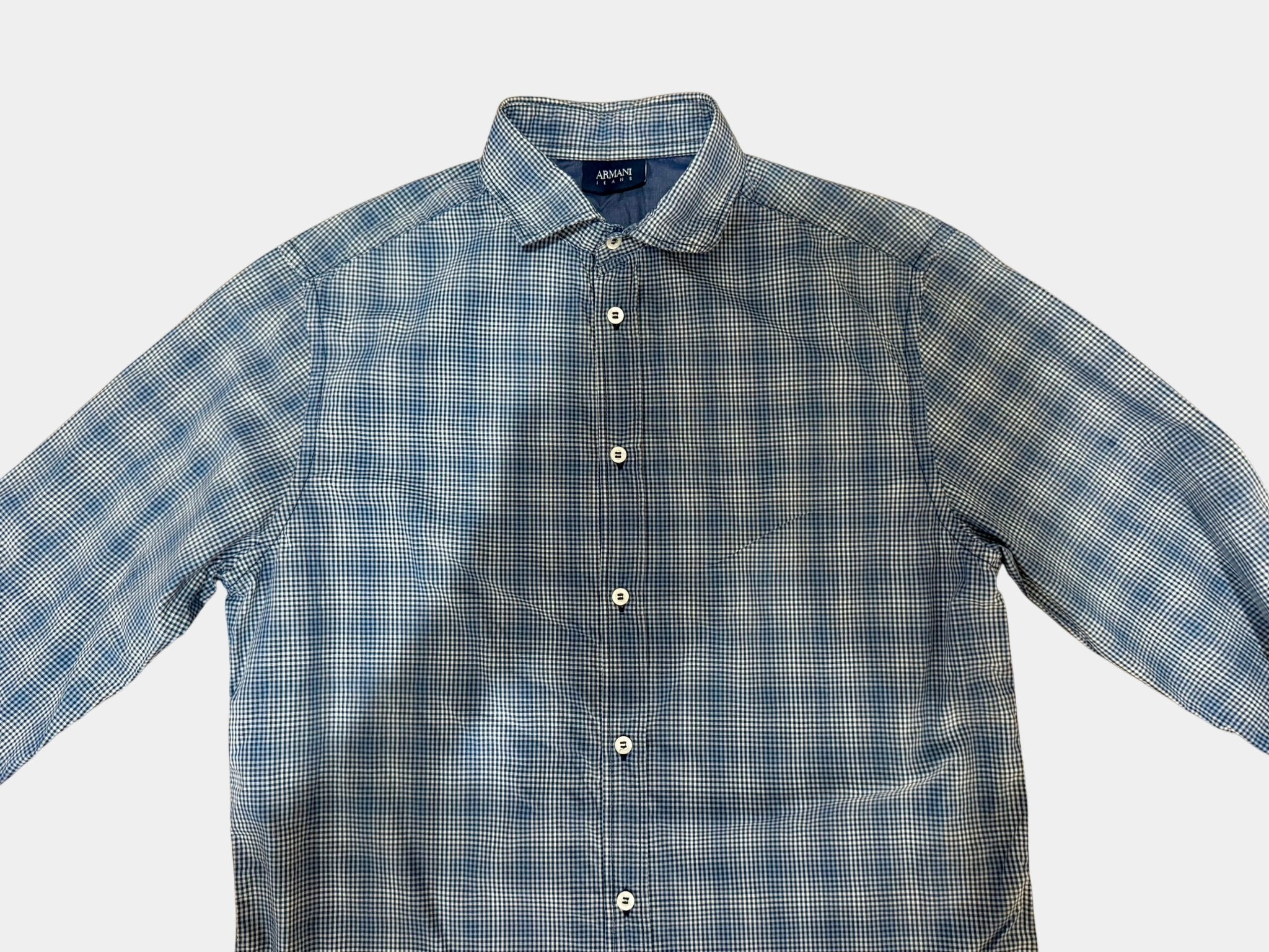 ARMANI JEANS Blue and White Plaid Long Sleeve Button-Up Shirt Size L
