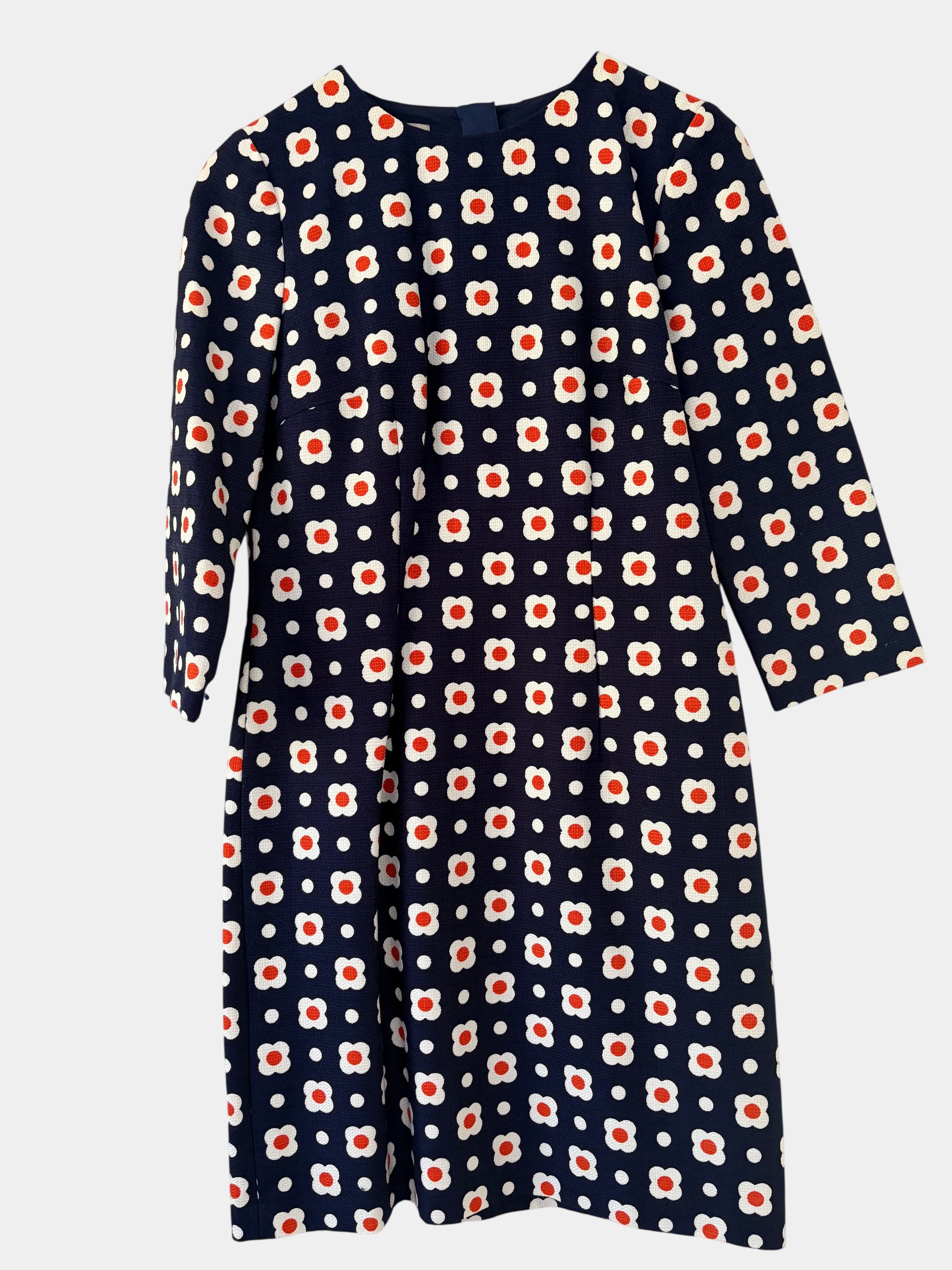 Hobbs Navy, Orange and White Print Shift Dress — Size 10