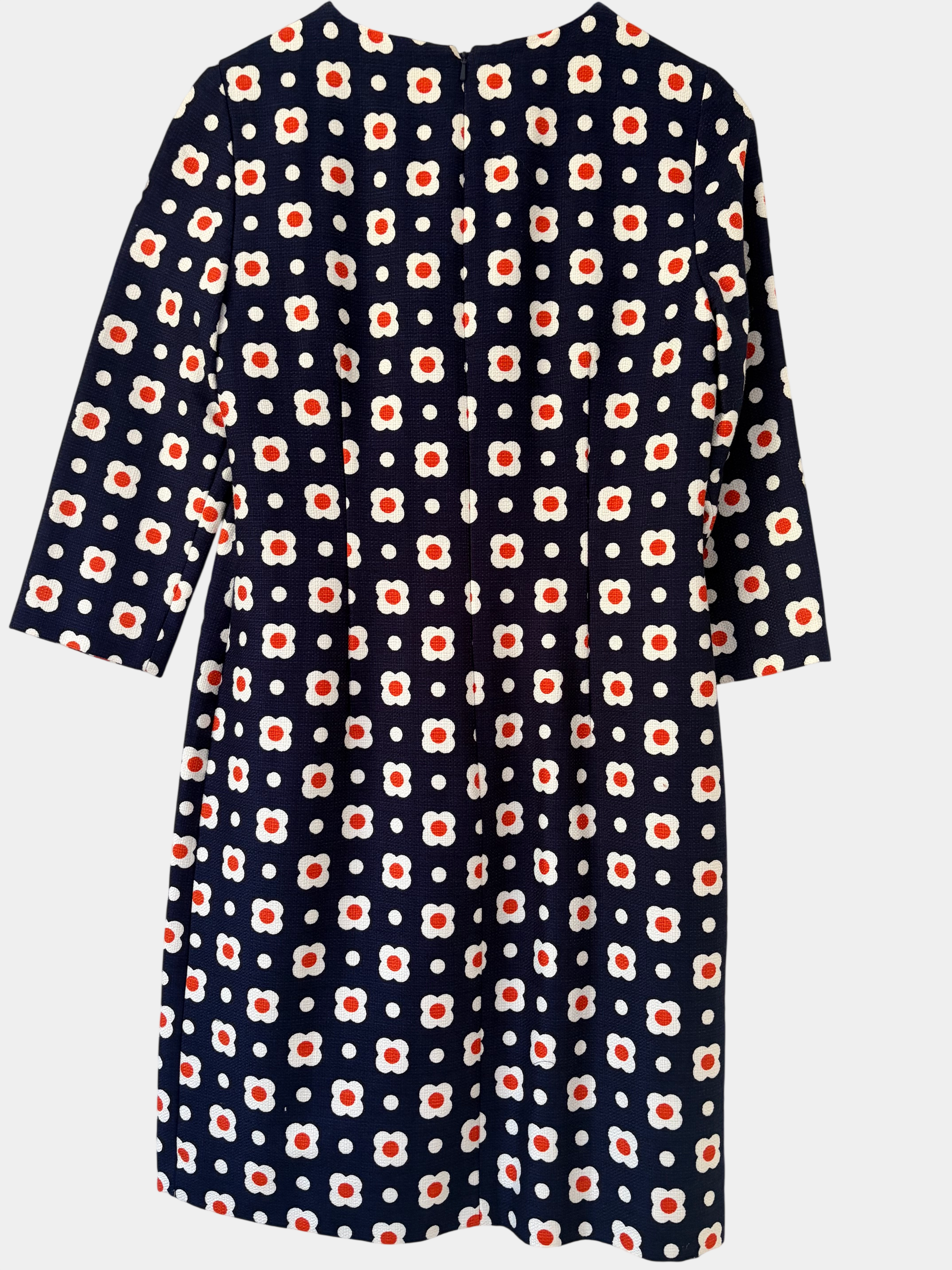 Hobbs Navy, Orange and White Print Shift Dress — Size 10