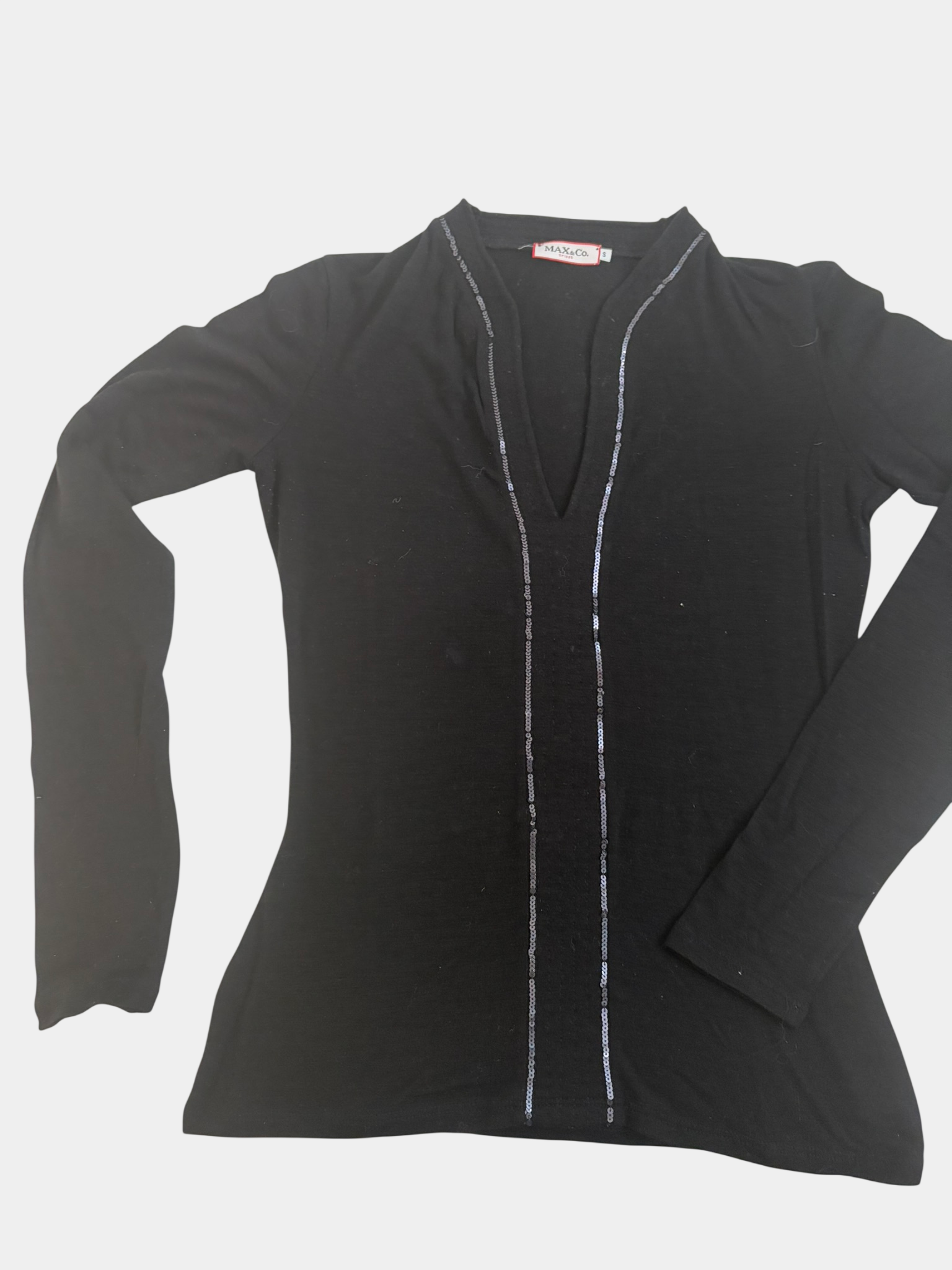 Max Mara Black Fine-Wool Top with Sequin Detail — Size 10