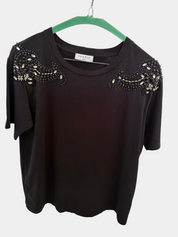 Sandro Black T-Shirt with Shoulder Beading — Size S