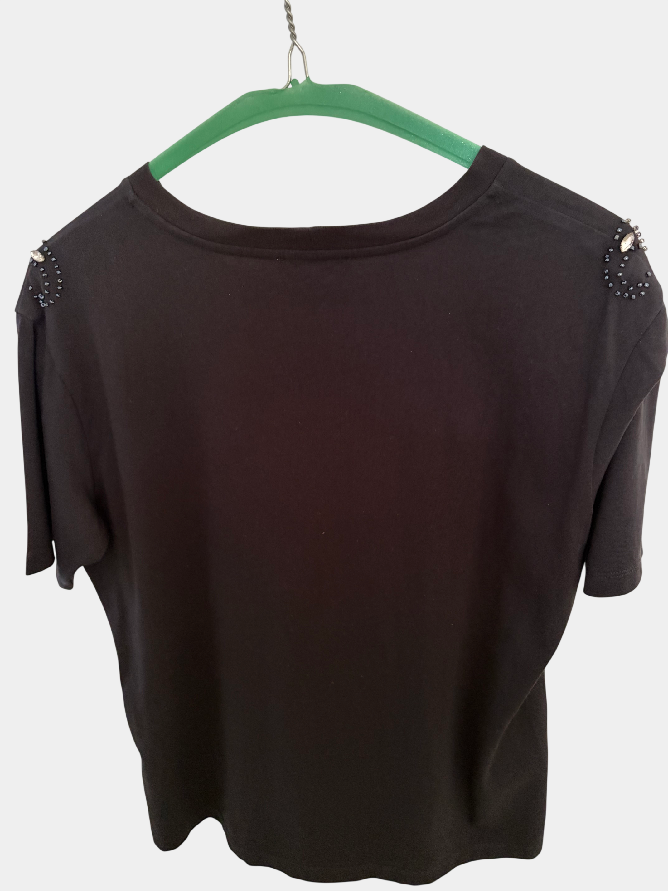 Sandro Black T-Shirt with Shoulder Beading — Size S
