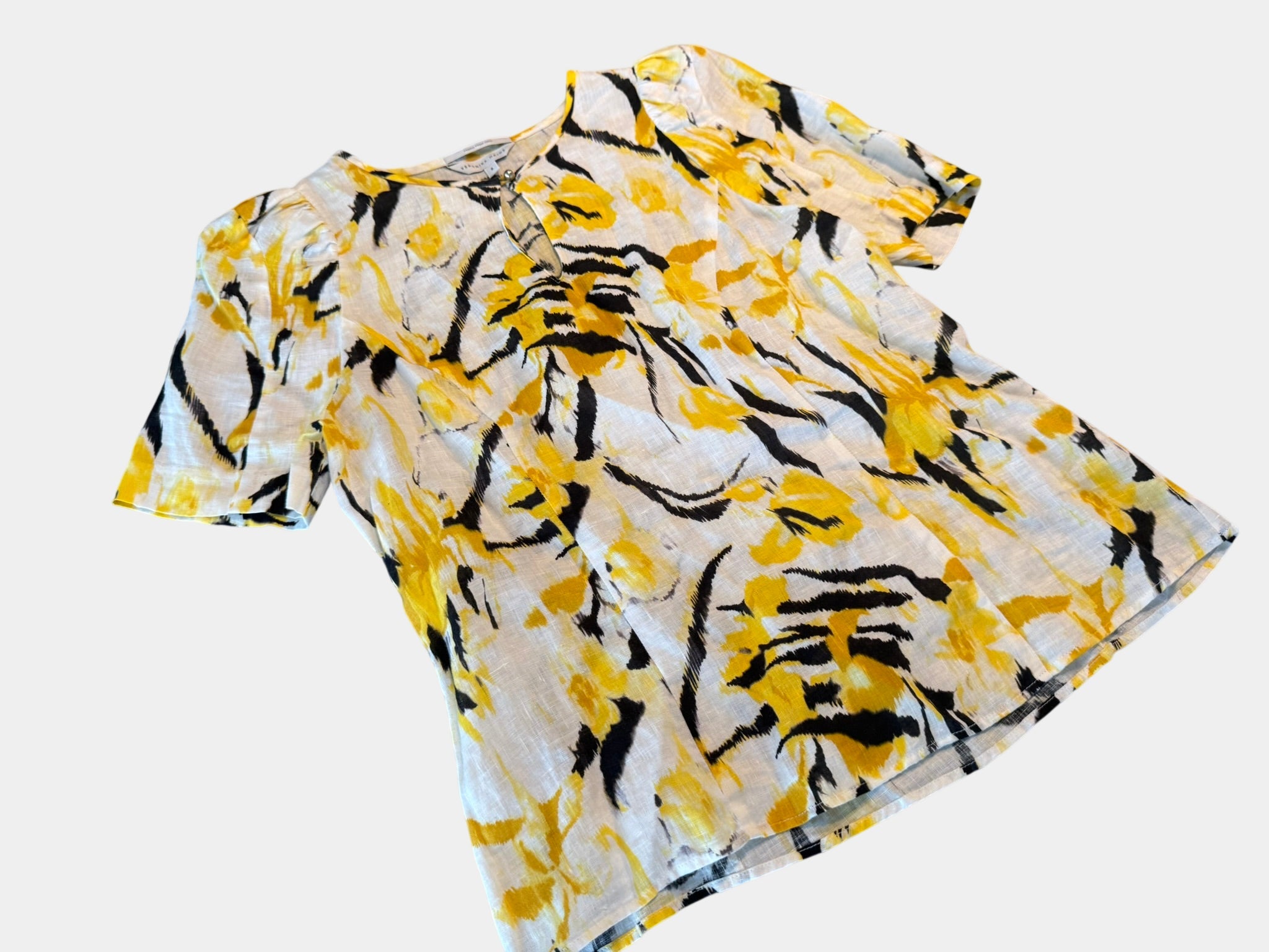 VERINIKA MAINE White/Black/Yellow 100% Linen Blouse Size 8