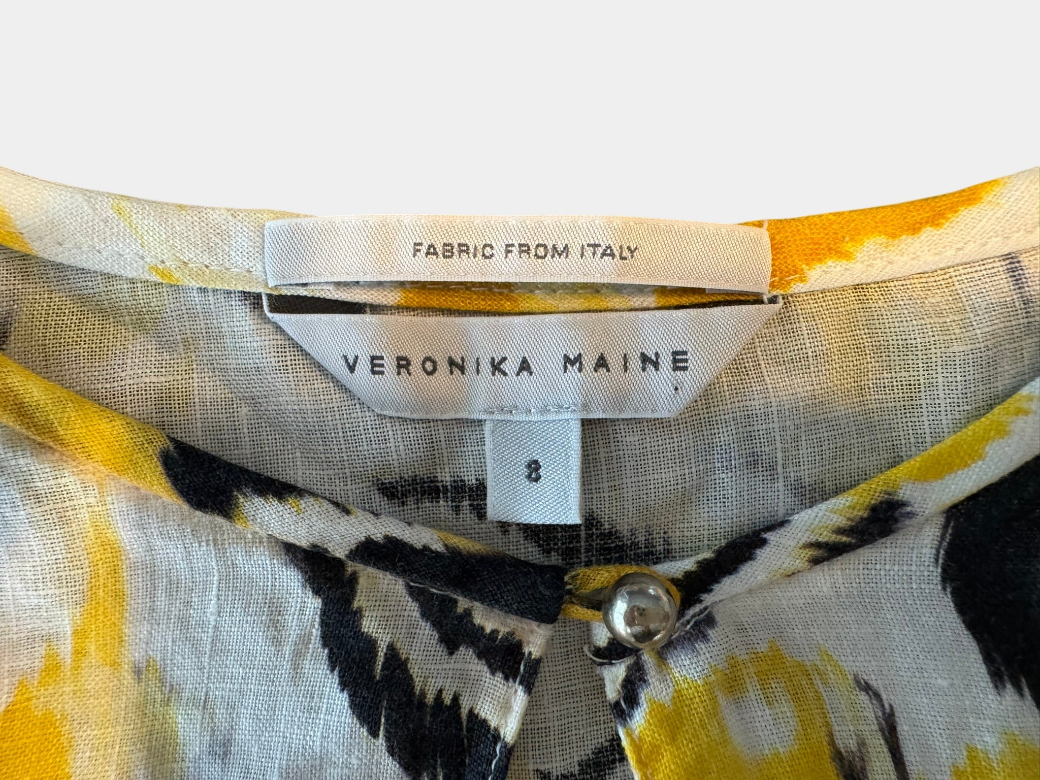VERINIKA MAINE White/Black/Yellow 100% Linen Blouse Size 8