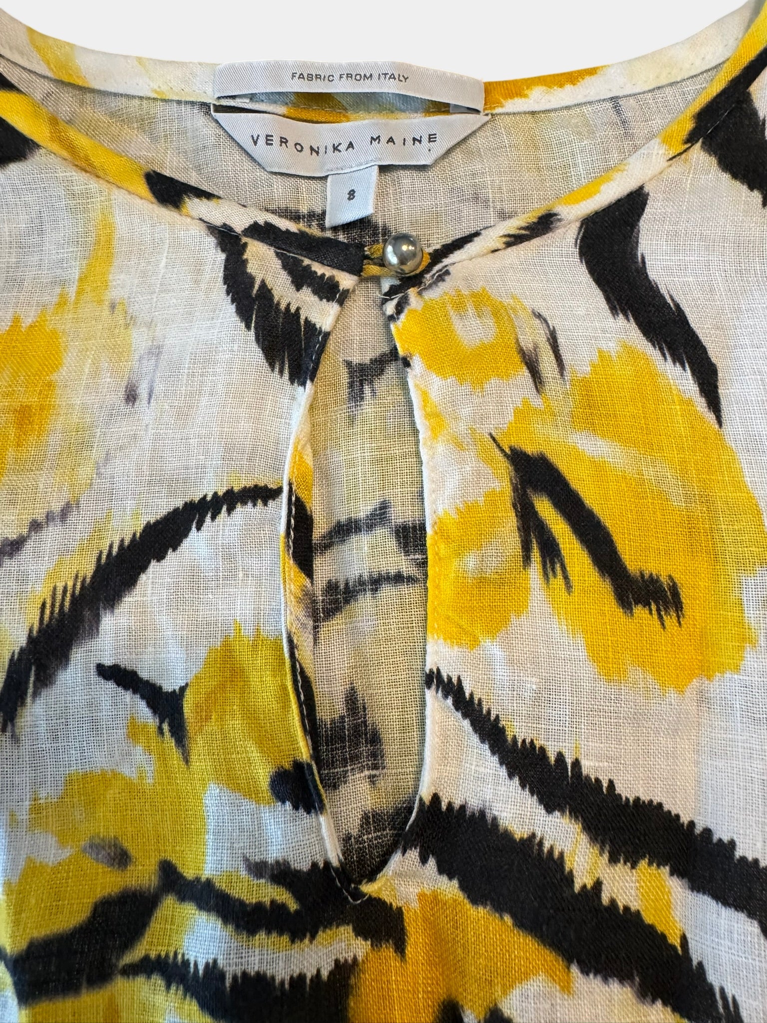 VERINIKA MAINE White/Black/Yellow 100% Linen Blouse Size 8