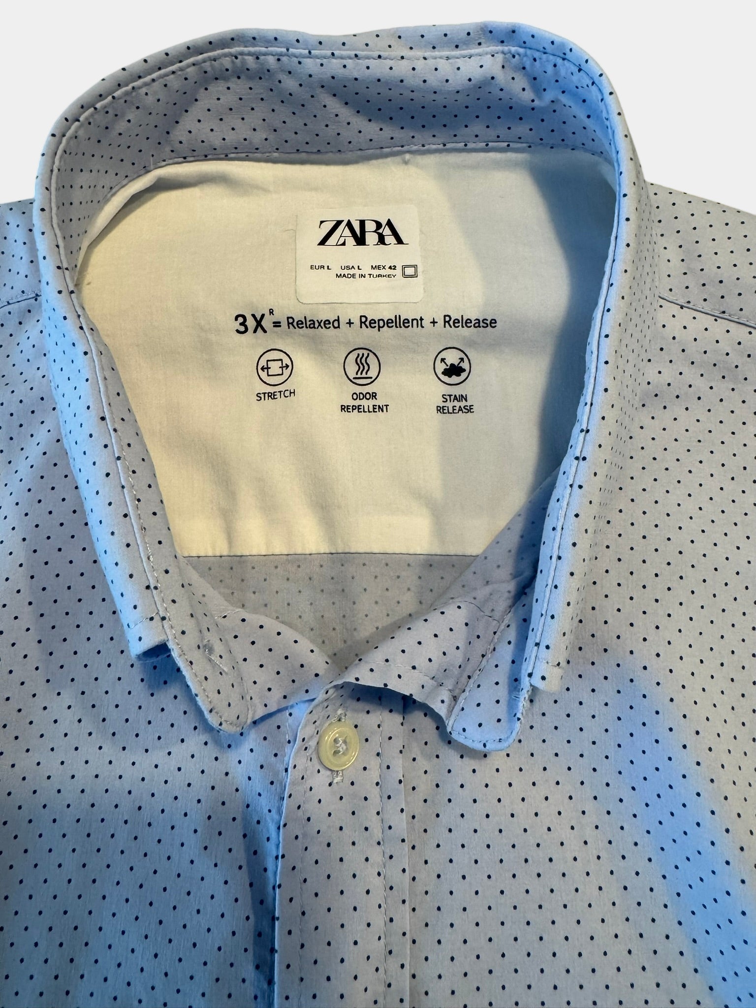 ZARA Men's Pale Blue Polka Dot Button-Up Long Sleeve Shirt Size L
