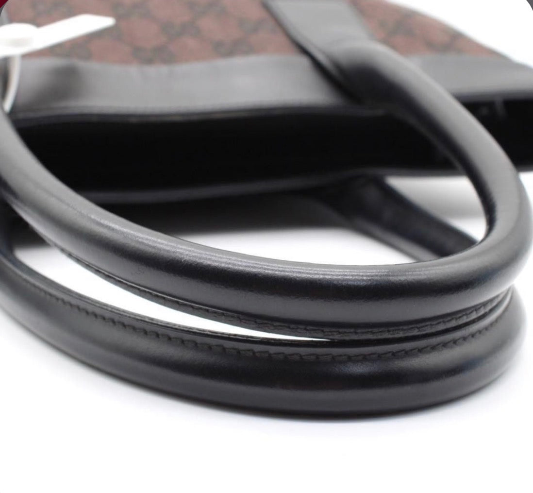 Gucci GG Tote Bag in Black Leather and Brown Canvas