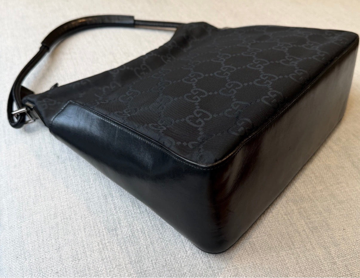 Gucci GG Black Leather and Canvas Hobo Bag
