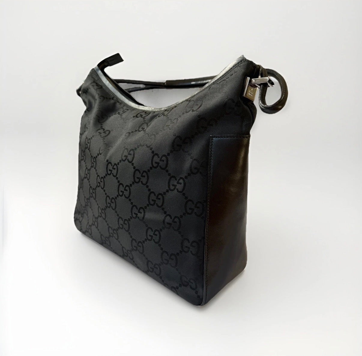 Gucci GG Black Leather and Canvas Hobo Bag