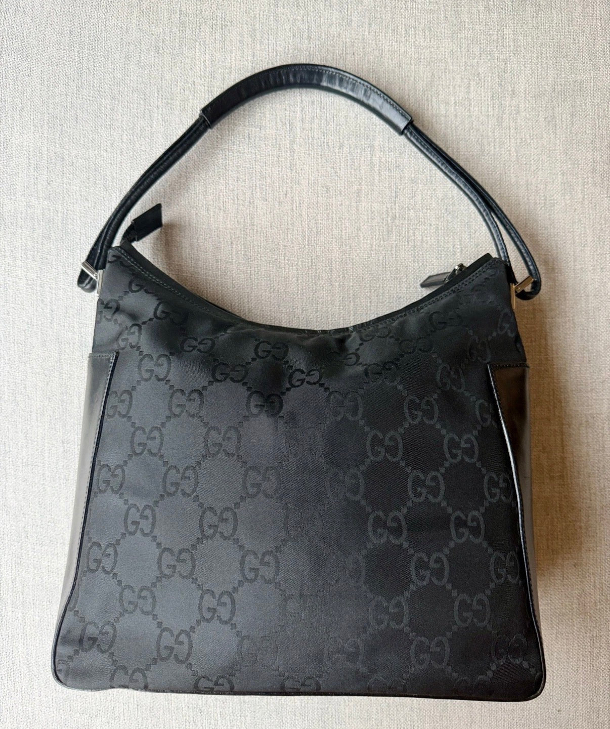 Gucci GG Black Leather and Canvas Hobo Bag