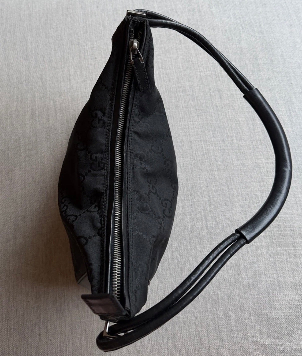 Gucci GG Black Leather and Canvas Hobo Bag