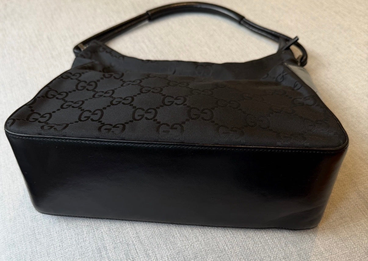 Gucci GG Black Leather and Canvas Hobo Bag