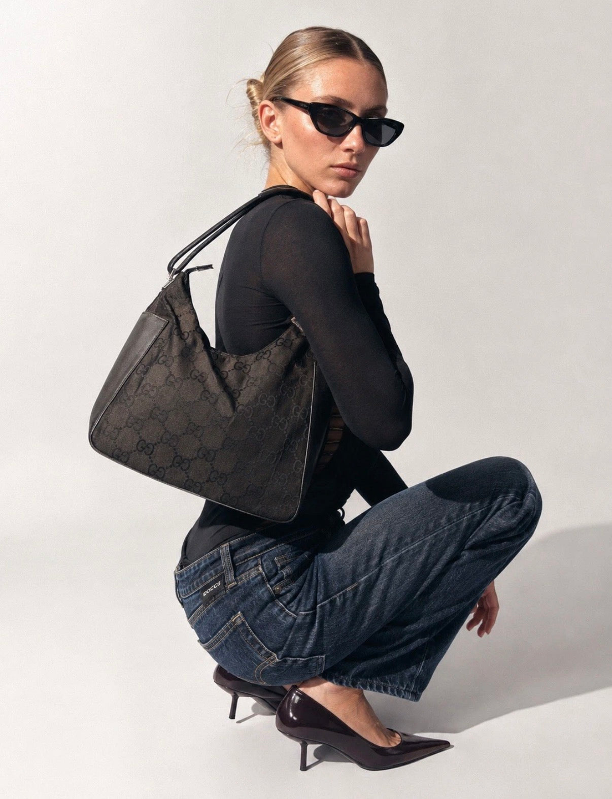 Gucci GG Black Leather and Canvas Hobo Bag