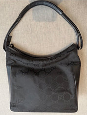 Gucci GG Black Leather and Canvas Hobo Bag
