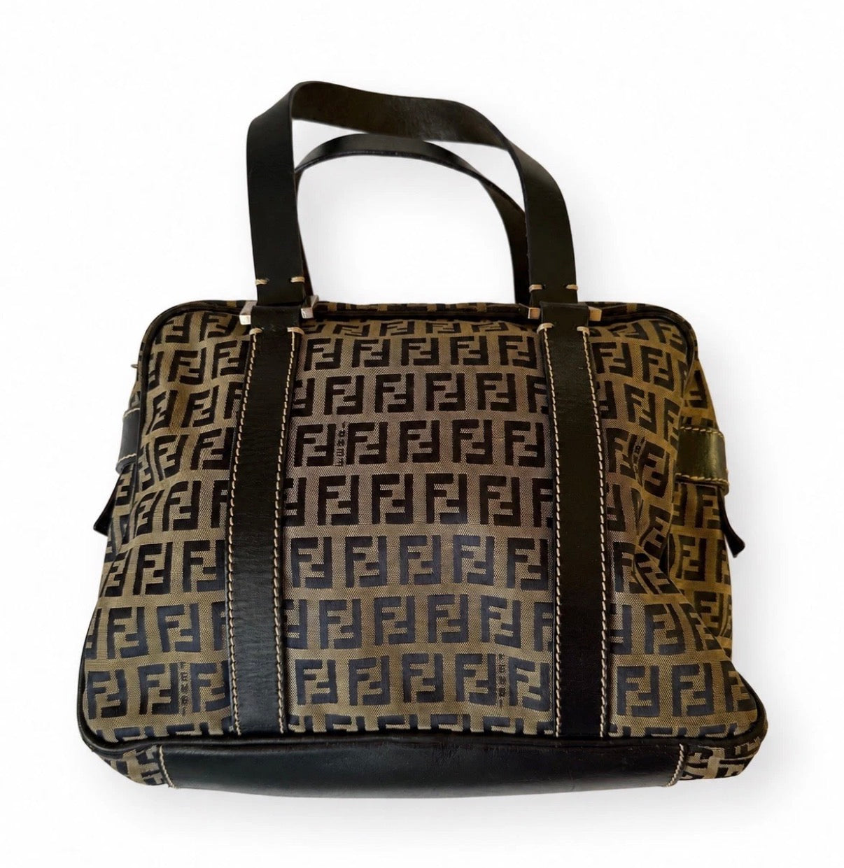 Fendi Small Boston Leather and Canvas Bag in Navy Blue and Cream