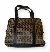 Fendi Small Boston Leather and Canvas Bag in Navy Blue and Cream