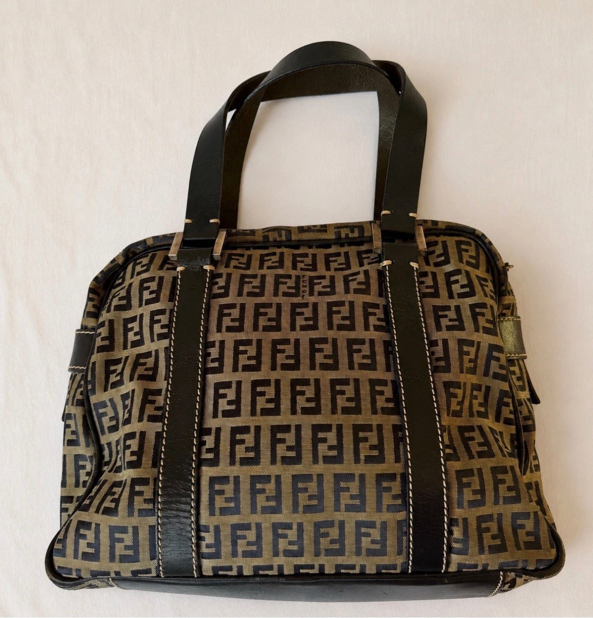 Fendi Small Boston Leather and Canvas Bag in Navy Blue and Cream