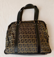 Fendi Small Boston Leather and Canvas Bag in Navy Blue and Cream