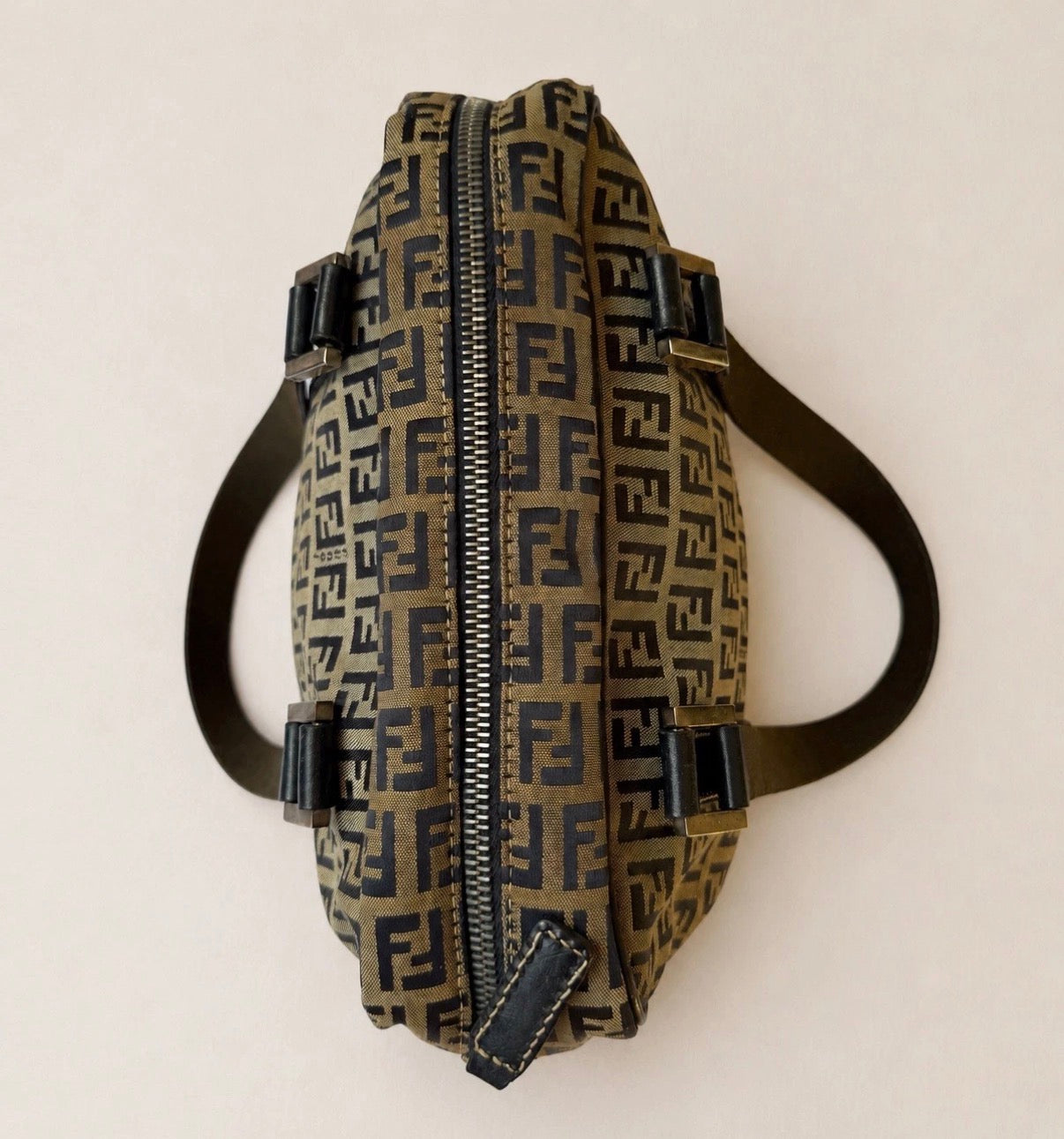 Fendi Small Boston Leather and Canvas Bag in Navy Blue and Cream