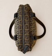 Fendi Small Boston Leather and Canvas Bag in Navy Blue and Cream