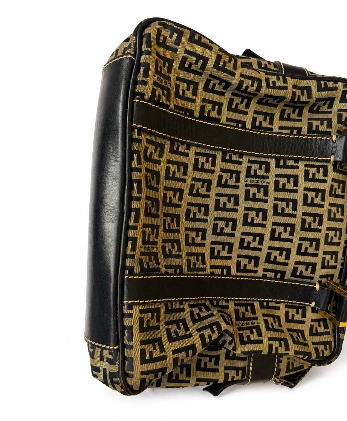 Fendi Small Boston Leather and Canvas Bag in Navy Blue and Cream