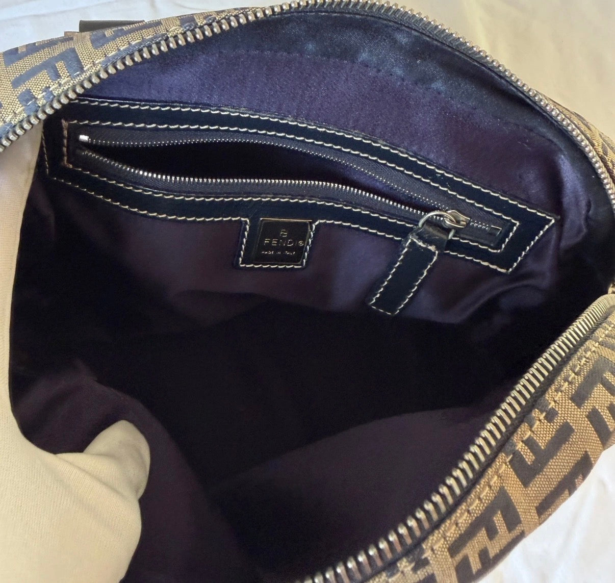 Fendi Small Boston Leather and Canvas Bag in Navy Blue and Cream